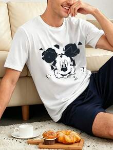 Camiseta de estilo callejero retro, con estampado del logotipo de Disney Mickey Mouse, hecha de tela de alta calidad. Camiseta de cuello redondo de manga corta para hombre. - Blanco - Ver 1
