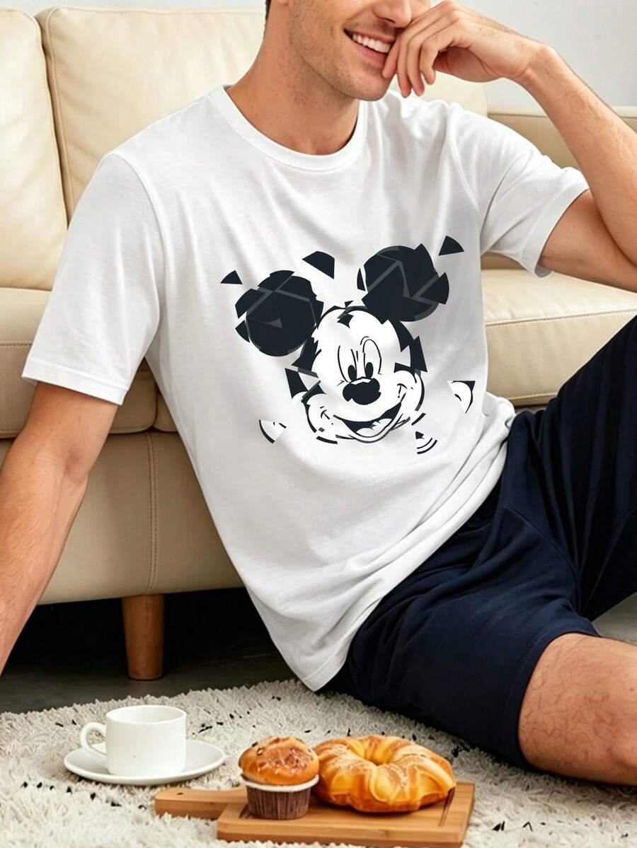 Camiseta de estilo callejero retro, con estampado del logotipo de Disney Mickey Mouse, hecha de tela de alta calidad. Camiseta de cuello redondo de manga corta para hombre. - Blanco - Ver 1