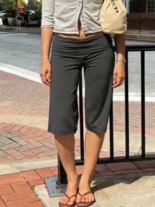 Women's Solid Ribbed Knit Capri Pants Ruched Waist Wide Leg Casual Streetwear Bottoms - Ash - View 2