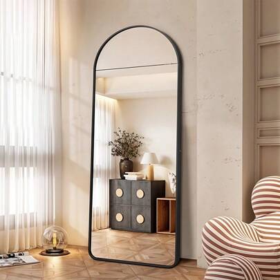 62.99 X 19.69-Inch Full-Length Mirror With Metal Frame Stand High-Definition Floor-Standing Full-Length Mirror Wall Mirror For Living Room, Bedroom, Dressing Room, Bathroom, Corridor Black Curved Surface