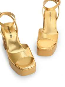 Women Platform Chunky High Heeled Sandals Open Toe Buckle Decor Ankle Strap Heeled Sandals - 金色 - 查看 6