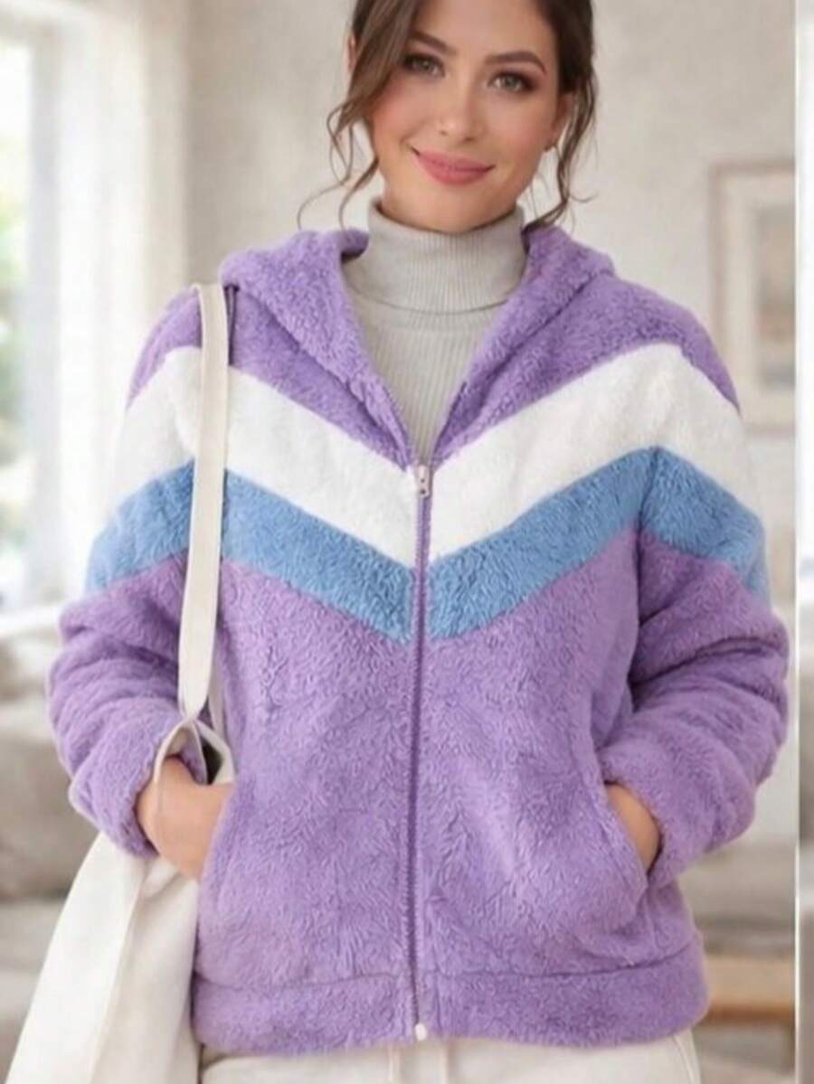 Women's Plush Jacket With Hood, Colorful Stripes, Front Zipper, Various Colors Available, Warm And Comfortable For Winter - Màu Lilac Tím - Xem 1