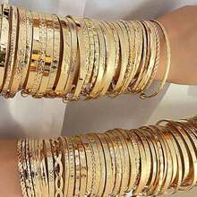 10pcs/Set Minimalist Floral & Geometric Metal Bangle Bracelets, Ladies Jewelry Accessories Daily Wear (Assorted Styles) - Vàng - Xem 8