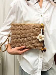 Beaded Flower Decor Straw Clutch Envelope Bag, Beach Style Zipper Wristlet, Beach Photo Prop, Woven Daily Commute Organizer Pouch, Beach Carry-All Phone Bag - Khaki - View 12