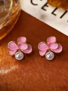 1 par de pendientes elegantes y versátiles con flores y perlas falsas, adecuados para el uso diario y festivo de las mujeres - Rosa - Ver 3