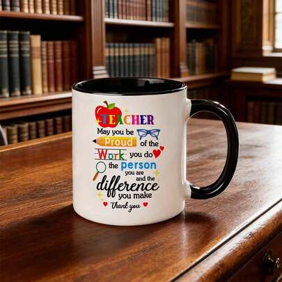 1pc Teacher Mug With Apple, Pencil & Glasses - Colorful Lettering & Inspirational Messages Suitable For Teachers' Day Gifts, Ceramic Coffee Cup For Tea/Coffee, Lip-Fit Contact For Or Staff Appreciation Present