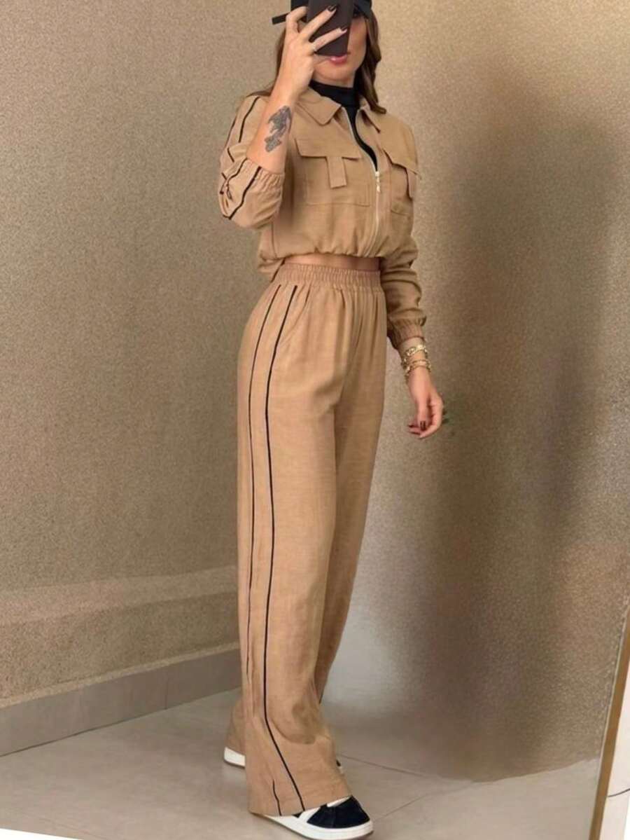 New Casual Suit - 2-Piece Set - Long-Sleeved Shirt With Trousers, Featuring Side Stripe Detail - Fabric - Maroon - 卡其色 - 查看 1