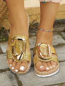 Women's Metal Buckle Faux Rope Sole Flat Sandals, Vacation Style Summer Daily Wear Beach Gold Slippers - Gold Crocodile Pattern - View 5