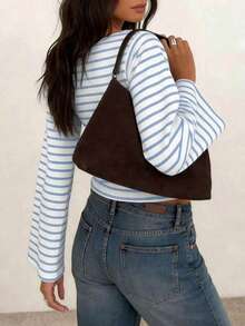 Striped Contrast Rib Knit Long Sleeve T-Shirt For Women, Casual Everyday Wear - Baby Blue - View 2