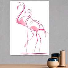 Cuadro 2D plano, 2D plano, 2D plano A Flat en lienzo con una pareja de flamencos contornados en rosa neón sobre un fondo blanco, perfecto para la decoración del dormitorio y añadidos de estilo rústico. - Enmarcado - Ver 4