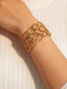 1pc Geometric Circle Versatile Open Bangle Bracelet, Fashionable Gold Stainless Steel Wide Cuff Bracelet For Women - Circular - View 3