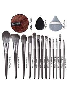 Bộ cọ trang điểm đa năng 17 món - Cọ phấn phủ, cọ má hồng, cọ nền, cọ phấn mắt, cọ tạo khối + bông mút trang điểm hình giọt nước, bông phấn tròn rửa mặt - Màu xám đen - Xem 9