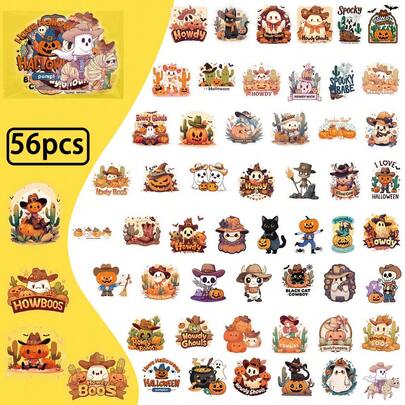 56-Piece New Halloween Cowboy Transparent PET Stickers - Cute Cartoon DIY Materials For Hand Journals, Diaries & Phone Cases