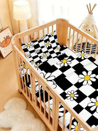 1 Set Of Cartoon Checkerboard Daisy Children'S Bedding And Duvet Cover, And Personalized Polyester Breathable And Non Stuffy Duvet Cover Set, Suitable For Baby Dormitories, Bedrooms, Daily Sleep, Holiday Gifts, All Season Universal