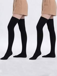 2 Pairs Women's Black Over-The-Knee Socks, Suitable For Daily Wear, Can Be Paired With Skirts - Black - View 3
