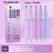 15pcs/Set (5 Pens + 10 Refills) Retractable Ballpoint Pen Set, Student Neutral Pens, Rollerball Pens, 0.5mm Black Ink, Suitable For Smooth Writing In Exams, Available In Pink, Purple, Blue, Green - Sets - View 13