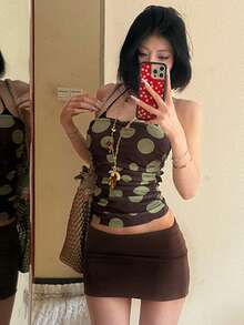 Áo tank top chấm bi không dây Kliou dành cho nữ, phong cách Y2K mùa hè, thanh lịch, gợi cảm, cơ bản, cá tính, co giãn. - màu nâu - Xem 4