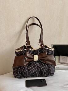 Bolso de mano con pliegues y lazo a lunares, estilo retro dulce, diseño con ribete de encaje, bolso de hombro versátil y de moda para mujer. - Negro - Ver 11