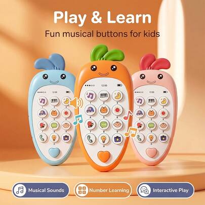 Cute Carrot-Shaped Cartoon Musical Toy Phone - A Musical Toy And Early Education Learning Device (Batteries Not Included; Non-Rechargeable) - Features Built-In Songs And Lights | An Ideal Gift For Children (Perfect For Holidays, Early Education, Birthdays, And Children's Day)
