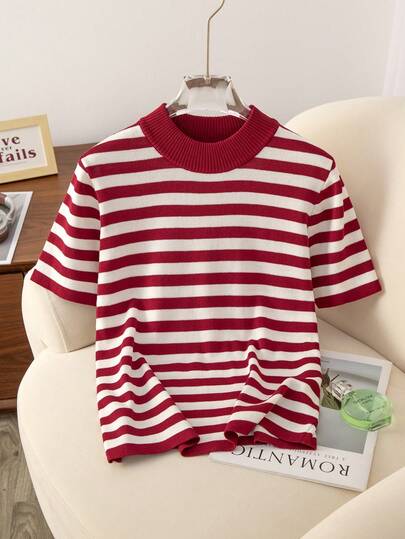 Women's Summer Lightweight Colorblock Striped Splice Collar Casual Knit Top
