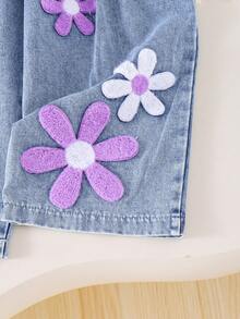 2pcs Young Girls Cute Floral Denim Cardigan & Pants Set, Fashionable Spring/Summer - Light Wash - View 4