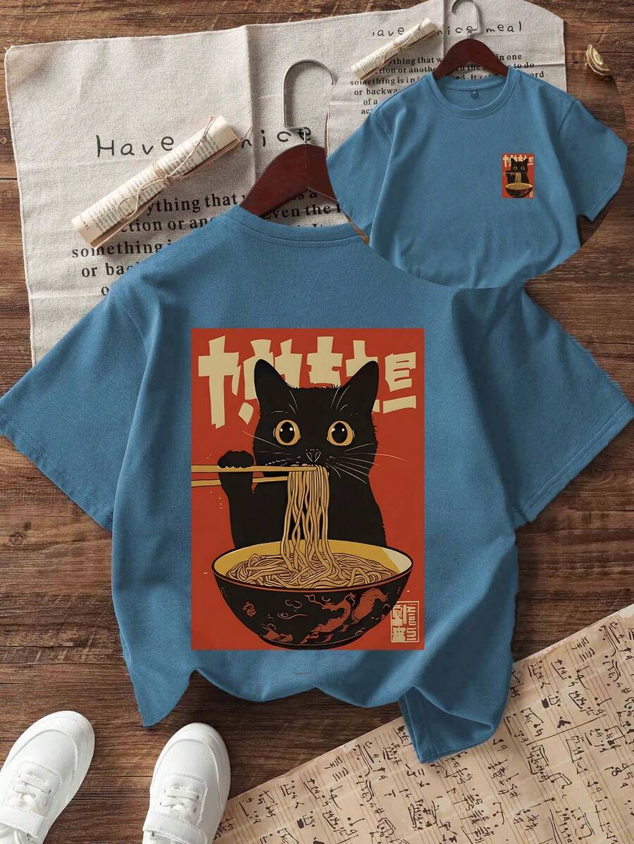 复古卡通猫吃面条印花T恤,面料柔软舒适,适合男孩户外运动、日常穿着、街头风、校园风,春夏时尚休闲上衣。 - 水鴨藍 - 查看 1