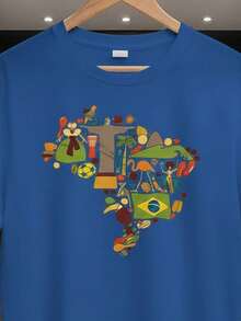Stylish Sporty T-Shirt, Stylish Fan T-Shirt, World Cup, National Football Team, Brazil, Culture, Short Sleeve, Men's/Women's, 100% Cotton, Casual, Crew Neck - 寶藍色 - 查看 2