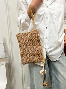 Beaded Flower Decor Straw Clutch Envelope Bag, Beach Style Zipper Wristlet, Beach Photo Prop, Woven Daily Commute Organizer Pouch, Beach Carry-All Phone Bag - Khaki - View 11