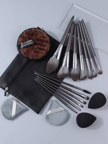 Bộ cọ trang điểm đa năng 17 món - Cọ phấn phủ, cọ má hồng, cọ nền, cọ phấn mắt, cọ tạo khối + bông mút trang điểm hình giọt nước, bông phấn tròn rửa mặt - Màu xám đen - Xem 3