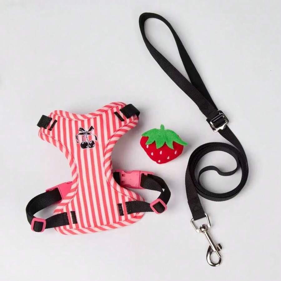 SHAGMEI 2pcs Pet Leash & Harness Set:Sweetheart Cherry Print Striped Breathable Pet Harness For Small Medium Dogs & Cats - Rose Red - View 1