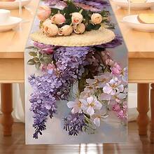 1pc Tablecloth With Light Purple Bouquet Pattern On Teal And White Background, Suitable For High-Quality Restaurant Party Decorations, Can Be Used For Tables, Chairs, Kitchens, Dining - 13x35.4/47.2/63/72/78.7 Inches - Purple - View 5