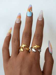 Uself 2pcs/1pc 18K Gold Plated 304 Stainless Steel Dual-Tone Polished Dolphin Ring Set, Fashion Ocean Style Stackable Rings, Gift For Women Beach Party - Multicolor - View 5