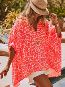 Plus Size Regular Length Women's Shirt, Features Collar, Batwing 3/4 Sleeves Summer - Orange - View 3