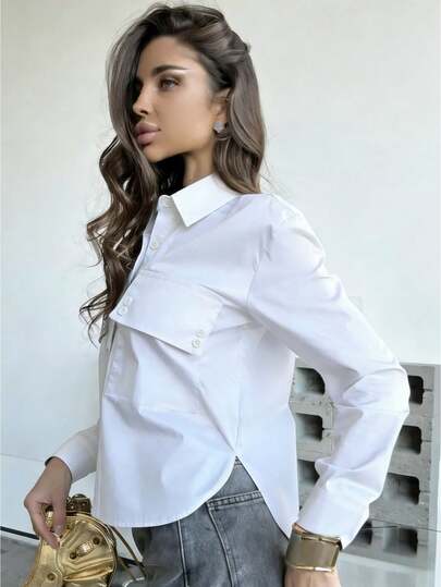 Women's Fashion Black Woven Shirt, Shirt Collar, Long Sleeve, Button Front Design, Regular Length White Spring