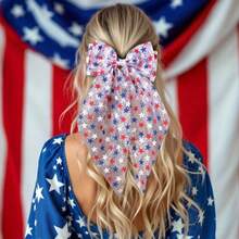1pc 250th Anniversary Of American Independence Large Bow Hair Clips, Tulle Star Pattern Spring Clips, Red White Blue Patriotic Themed Party Decorative Hair Accessories, Party And Festival Photo Headpieces - 彩色 - 查看 4