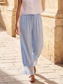 Women Linen Lace Trim Long Bloomers Pants Ruffle Victorian Vintage Pantaloons Summer Beach Travel Vacation Pants - 藍色 - 查看 3