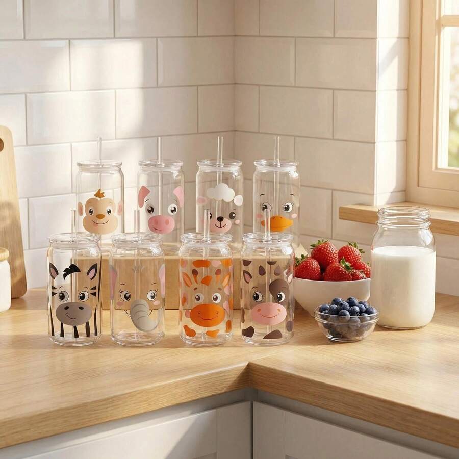 1 bình/cốc nước nhựa tái sử dụng 16oz có nắp và ống hút, họa tiết động vật dễ thương, thích hợp làm quà tặng hoặc cho các buổi họp mặt gia đình. - Nhiều màu - Xem 1