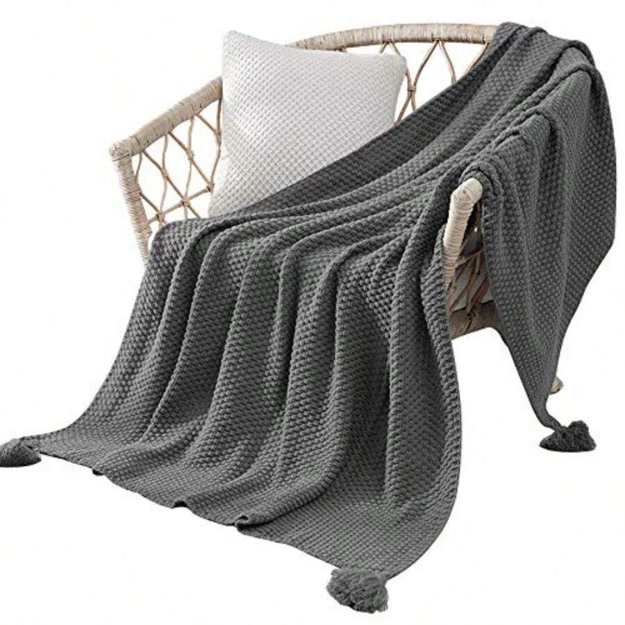 Nasjac Manta de Punto para Sofá y Cama Manta de Punto Suave y Acogedora con Borlas 110 * 150cm Manta Ligera para Silla Cama Sofá Viaje Picnic Adecuada para Todas Las Estaciones Gris - Gris - Ver 1
