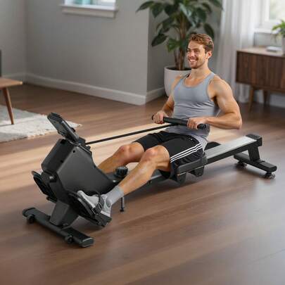 VEVOR Magnetic Rowing Machine,16-Level Quiet Resistance Adjustable, Foldable Rower Machine For Home, 158kg Weight Capacity, Row Machines With Smooth Pulley Design, Bluetooth APP Compatible & LCD Monitor