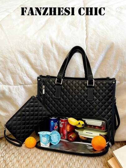 Bolsa de almuerzo aislada multifuncional negra, hecha de material de PU, de gran capacidad, apta para laptop, adecuada para estudiantes, trabajadores de oficina, profesionales para salidas diarias, viajes de negocios, trabajo, picnics, etc.