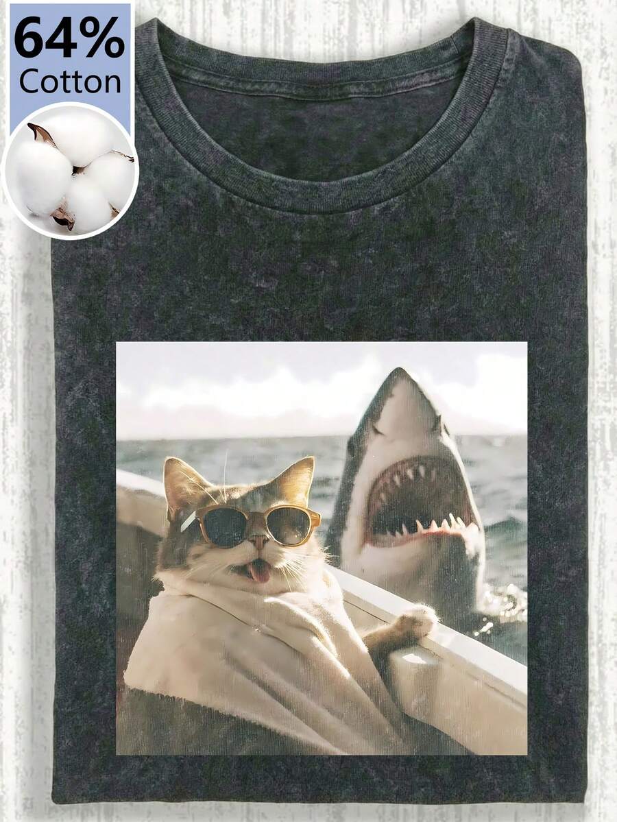 Plus Size Women's Summer Cat And Shark Print Washed Solid Color Casual Simple Retro Everyday Loose Crew Neck Cotton Short Sleeve Plus Size T-Shirt Tops Black - Black - View 1