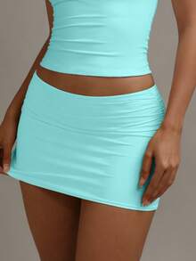 XLLAIS Women's Mint Blue Pleated Bodycon Mini Skirt, Fashionable Ruched High Stretch Double-Layer Yoga Fabric Tight Skirt For Summer - Mint Blue - View 10