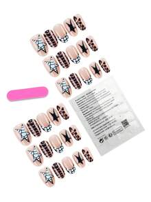 30 Pieces Press On Nails Short Almond /Edgy Black Star Crocodile Print Press On Nails, Long Almond Nude Fake Nails For Y2K - Multicolor - View 2