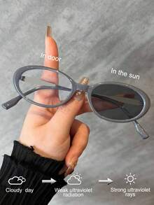 1pc Full Frame TR Frame Metal Legs Oval Small Frame Retro High-End Decorative Indoor Computer Reading Outdoor Photochromic Fashion Glasses For Summer Beach Vacation,Outdoor,Travel - Transparent to Black - View 3