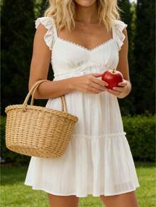 Women's Lace Trim Square Neck Ruffle Sleeve Smocked Back Tiered Mini Dress Summer Beach Vacation Casual Dress - 白色 - 查看 1