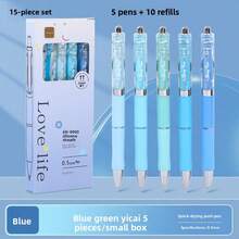 15pcs/Set (5 Pens + 10 Refills) Retractable Ballpoint Pen Set, Student Neutral Pens, Rollerball Pens, 0.5mm Black Ink, Suitable For Smooth Writing In Exams, Available In Pink, Purple, Blue, Green - Sets - View 12