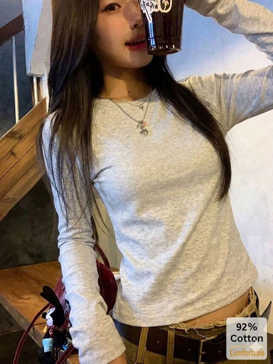 Women's Long Sleeve T-Shirt, Versatile Autumn/Winter Gray Floral Top, Slimming Solid Color Inner Layer Base Shirt Casual