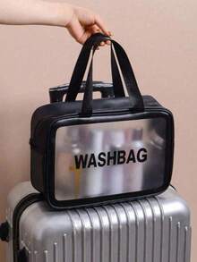 Large Capacity PU Leather Cosmetic Bag, Portable Waterproof Travel Toiletry Bag, Transparent Frosted Makeup Pouch - Black - View 4