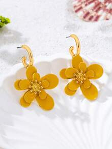 1 Pair Double-Layer 3D Floral Earrings, Vibrant Yellow Unique Elegant Delicate Romantic Spring Flower Earrings, Refined Elegant Earrings - Yellow - View 4