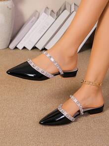 Women's Mule Slippers, Pointed Toe, Low Heel, Rhinestone Decor, Suitable For Dresses And Skirts, Summer - Black - View 6
